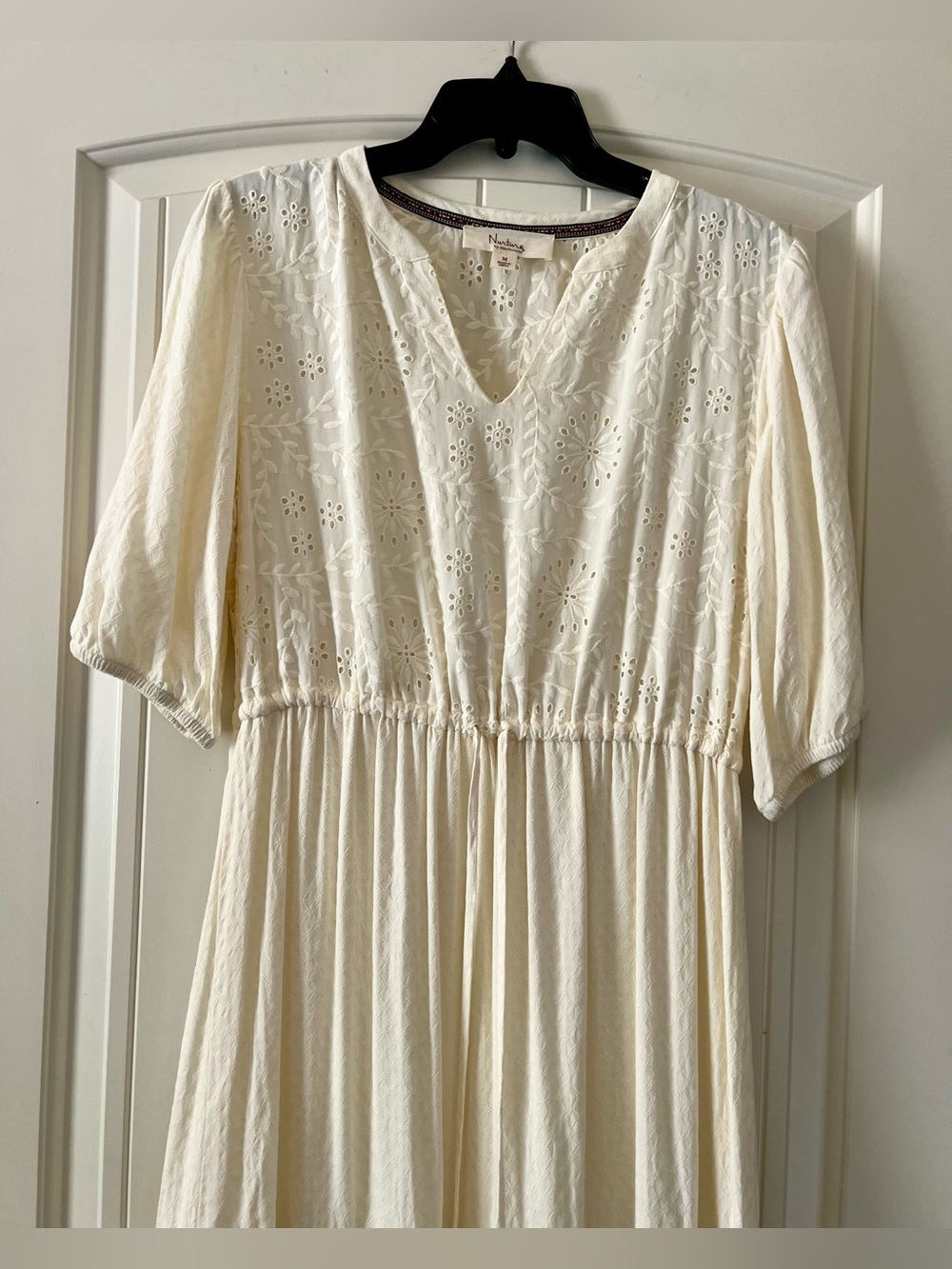 Nurture WN V-Neck Eyelet Tiered Maxi Dress Short Sleeve Drawstring Cream Medium